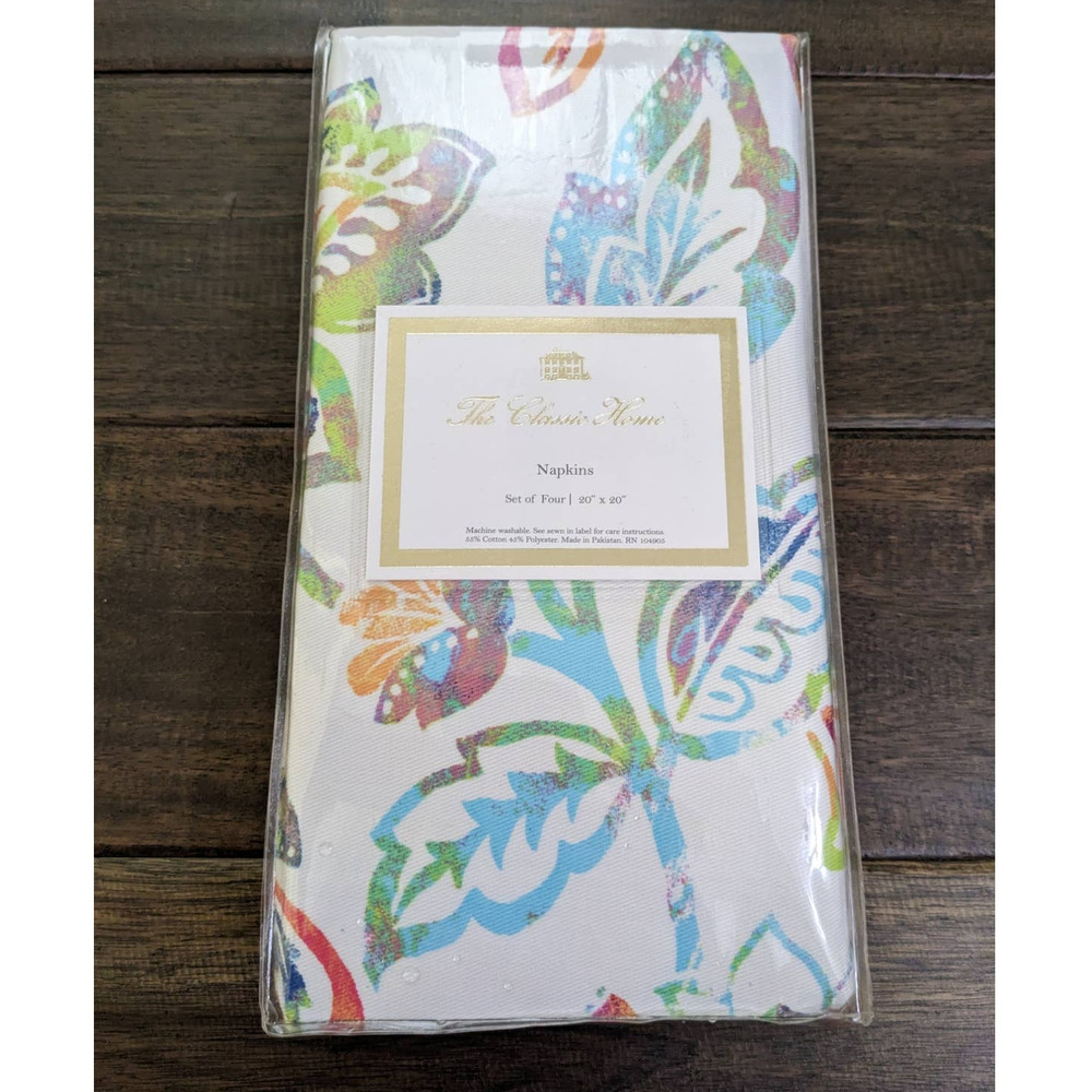THE CLASSIC HOUSE Cotton 4pc Dinner Napkins 20" JACOBEAN Watercolor LIME RED